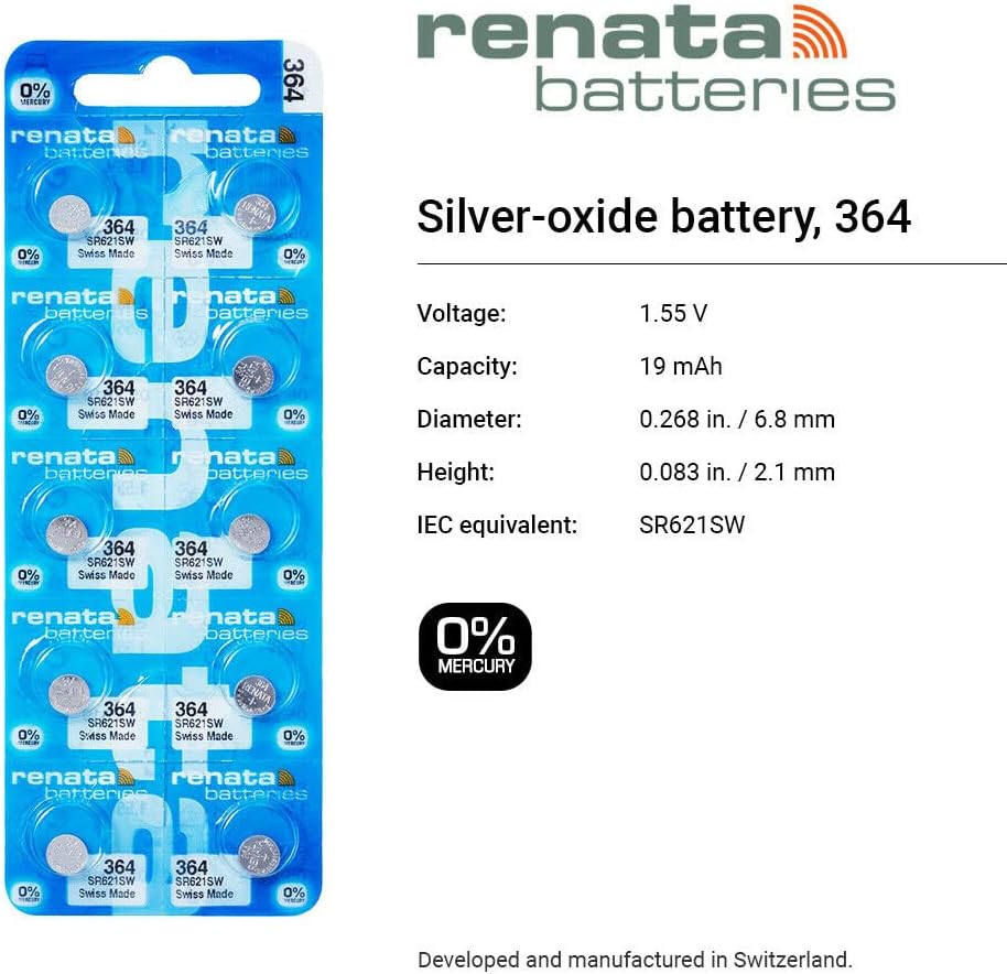 Renata 364 SR621SW Knopfzellen 10 Stück x 100 = 100 Silber 1,55 V Made in Swiss 100 Batteries, 100 B