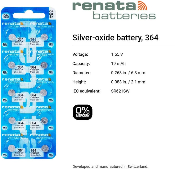 Renata 364 SR621SW Knopfzellen 10 Stück x 100 = 100 Silber 1,55 V Made in Swiss 100 Batteries, 100 B