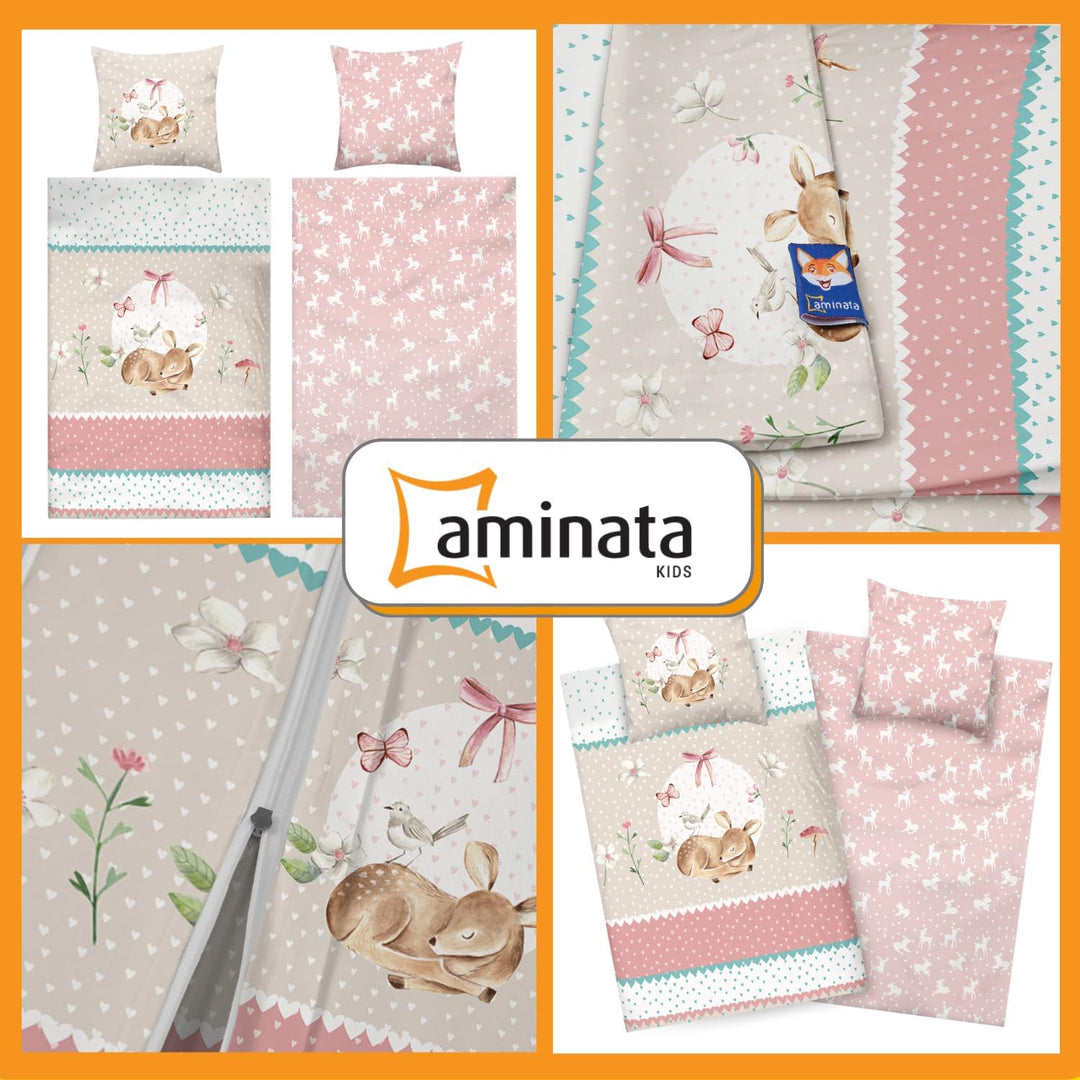 Aminata kids Bettwäsche 135x200 Baumwolle Kinder Mädchen REH-Kitz Waldtiere Tier-Motiv zart-rosa Ros