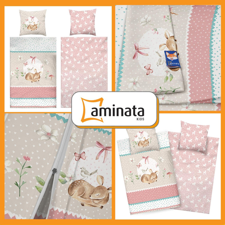 Aminata kids Bettwäsche 135x200 Baumwolle Kinder Mädchen REH-Kitz Waldtiere Tier-Motiv zart-rosa Ros