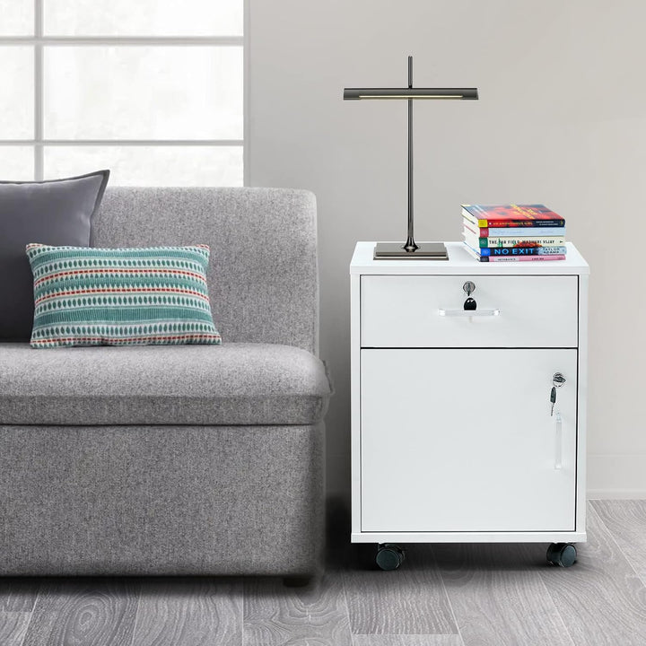 CLIPOP Rollcontainer Abschliessbare Aktenschrank Holz mit Schublade und Geschlossenem Speicher,Mobil