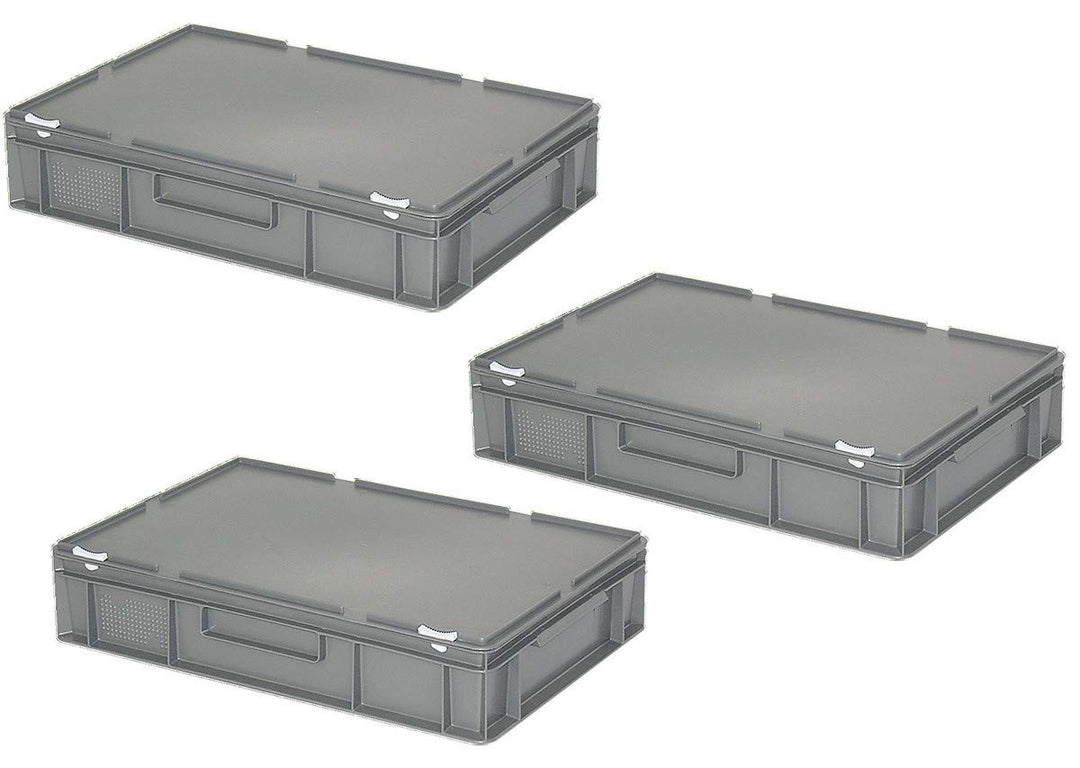 BRB 3x Eurobehälter mit Deckel, PE-HD, LxBxH 600x400x130 mm, 23 Liter, grau, Grau