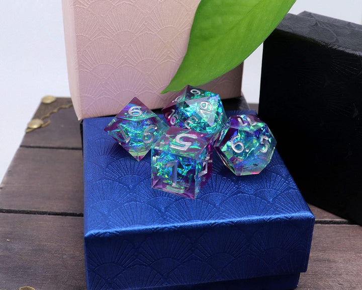 DND-Würfel-Set aus Kunstharz, lila und seeblau, handgefertigte Galaxie-Würfel mit Geschenkbox, Mädch