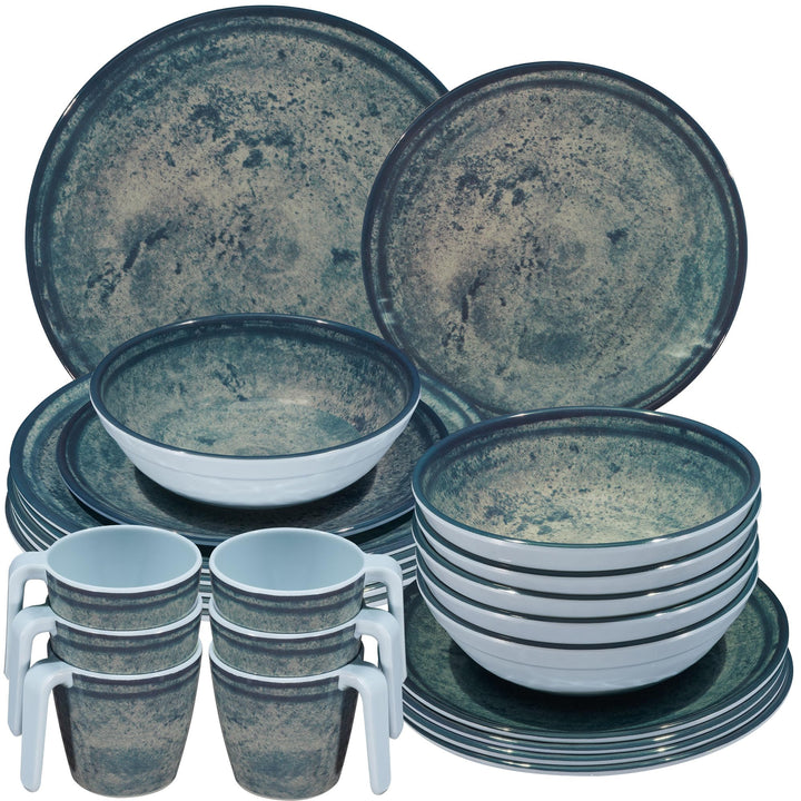 Melamin Geschirr Set Mondgranit Blau-Grau für 6 Personen Camping Picknick 24 Teile - mit Tassen, 24