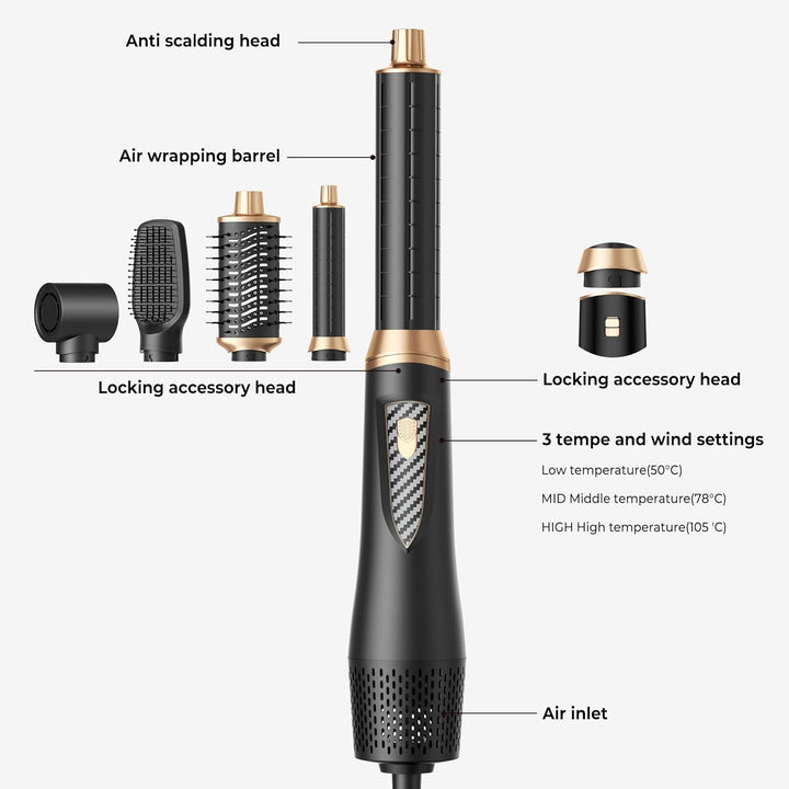 Neue Airstyler 5 in 1 Hairstyler Set, Ionen Föhnbürste mit 30mm Warmluft-Lockenstab | 1000W Haartroc