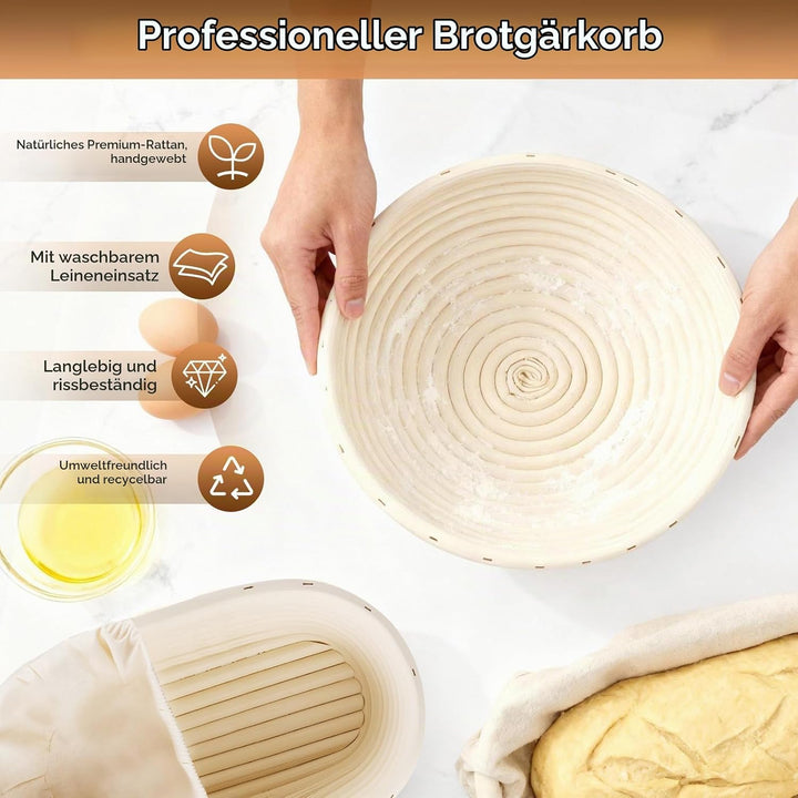 Sauerteig Set 21-teilig mit 2 Gärkörbchen &amp; Glas – Komplettes Brotbackzubehör inkl. Gärkorb Rattan,