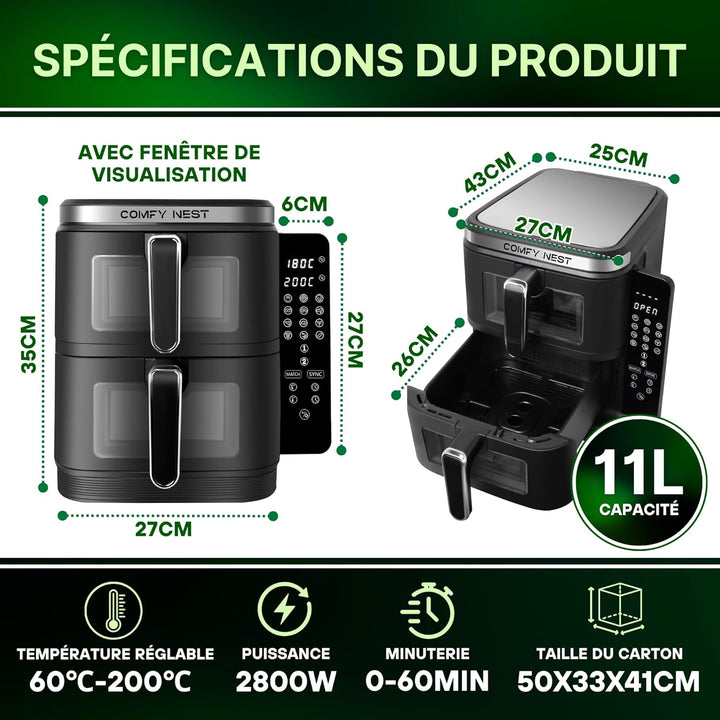 Comfy Nest, 11-Liter-Doppelkorb-Luftfritteuse mit 12 Kochprogrammen, Heissluftfritteuse, schneller L