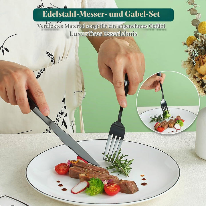 Evanda Schwarzes Steakbesteck 12 teilig, Schwarzes Titanbeschichtung Edelstahl 6 Tafelgabeln und 6 T