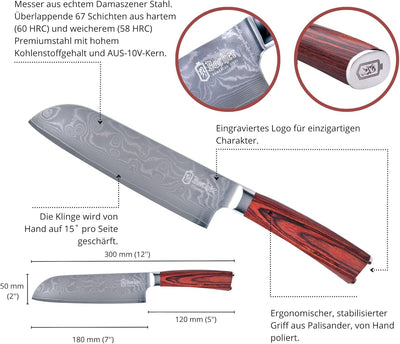 Bacher Santoku Damastmesser 18 cm - Damast Küchenmesser Geschmiedet aus 67 Legen AUS 10V - Profi Sch
