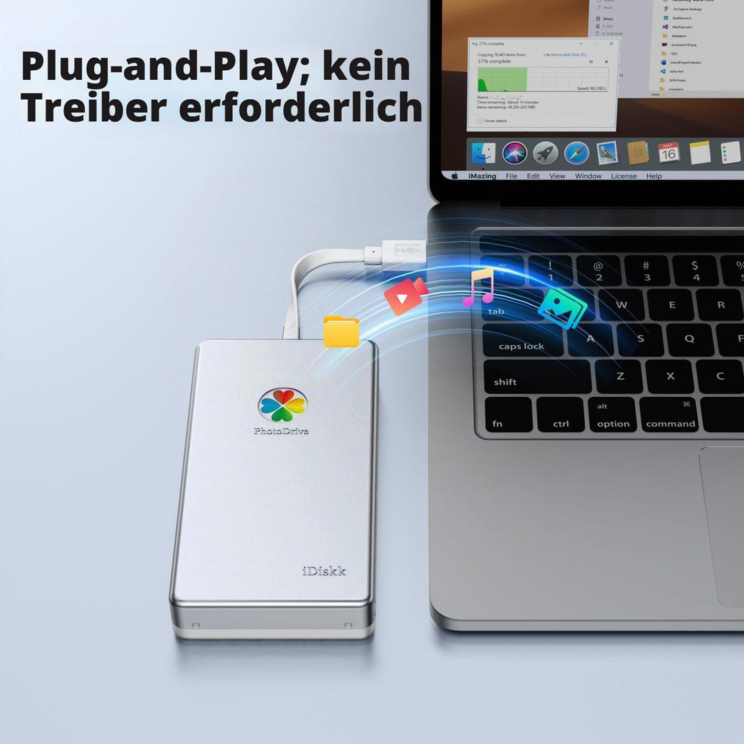 iDiskk 500 GB MFi-zertifizierte tragbare 3-in-1-Festplatte, mit 3 integrierten Kabeln, zur Datensich