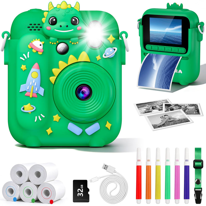 Sofortbildkamera Kinder mit 5 Rollen Druckpapier und 32GB-Karte | Dinosaurier Kinderkamera, 2,4 Zoll