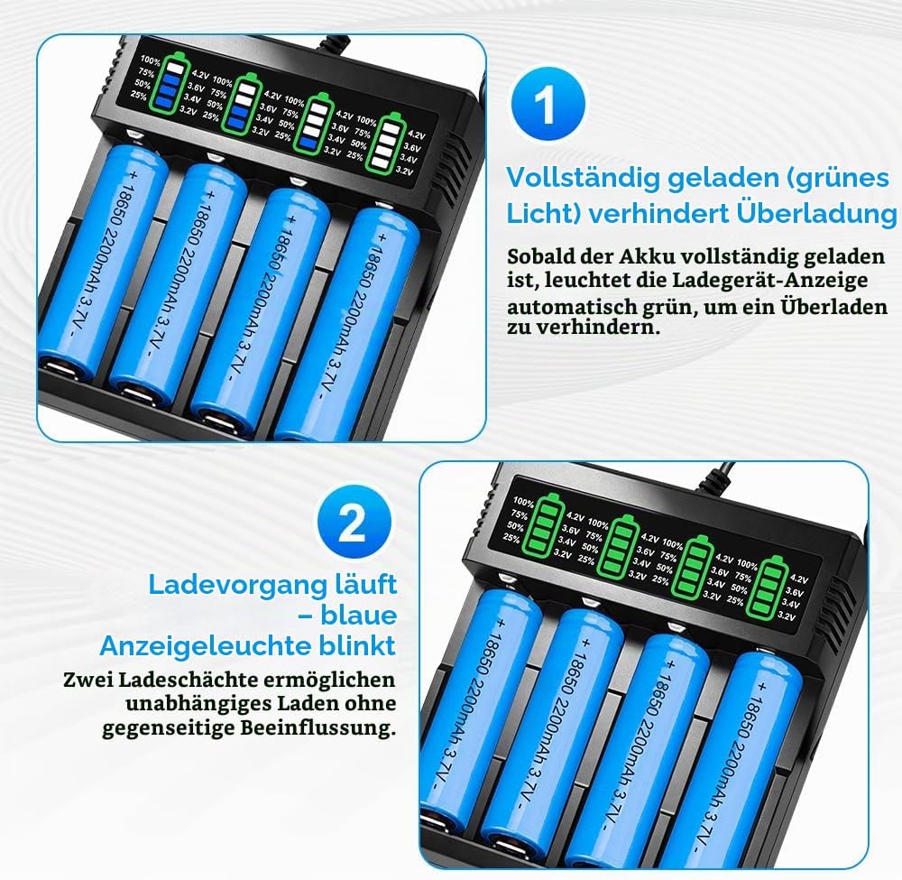 3.7v li-ion akku mit Ladegerät, 4 Stück 2200mah Li-Ion Wiederaufladbarer Akku, RC Akk-u Batterie mit