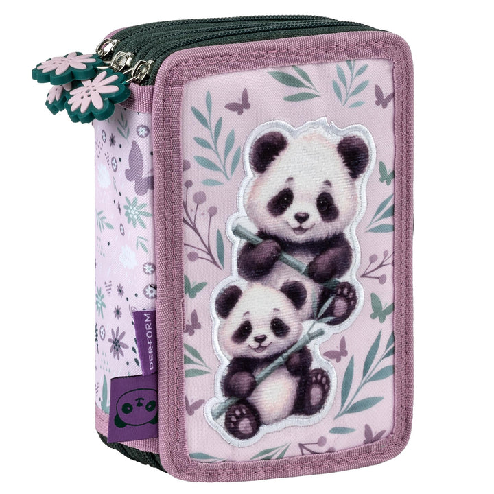 Panda Pandabär Bärchen, 3-Fach Federtasche Federmappe, 44 tlg. gefüllt für Kinder Jungen Mädchen, ro
