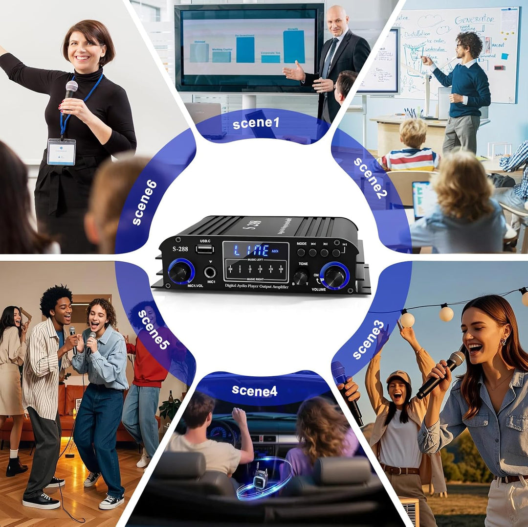 4-Kanal Verstärker, 1200W Audio Leistungsverstärker Bluetooth 5.0, 30Wx4 mit USB/Mikrofon/FM mit Fer