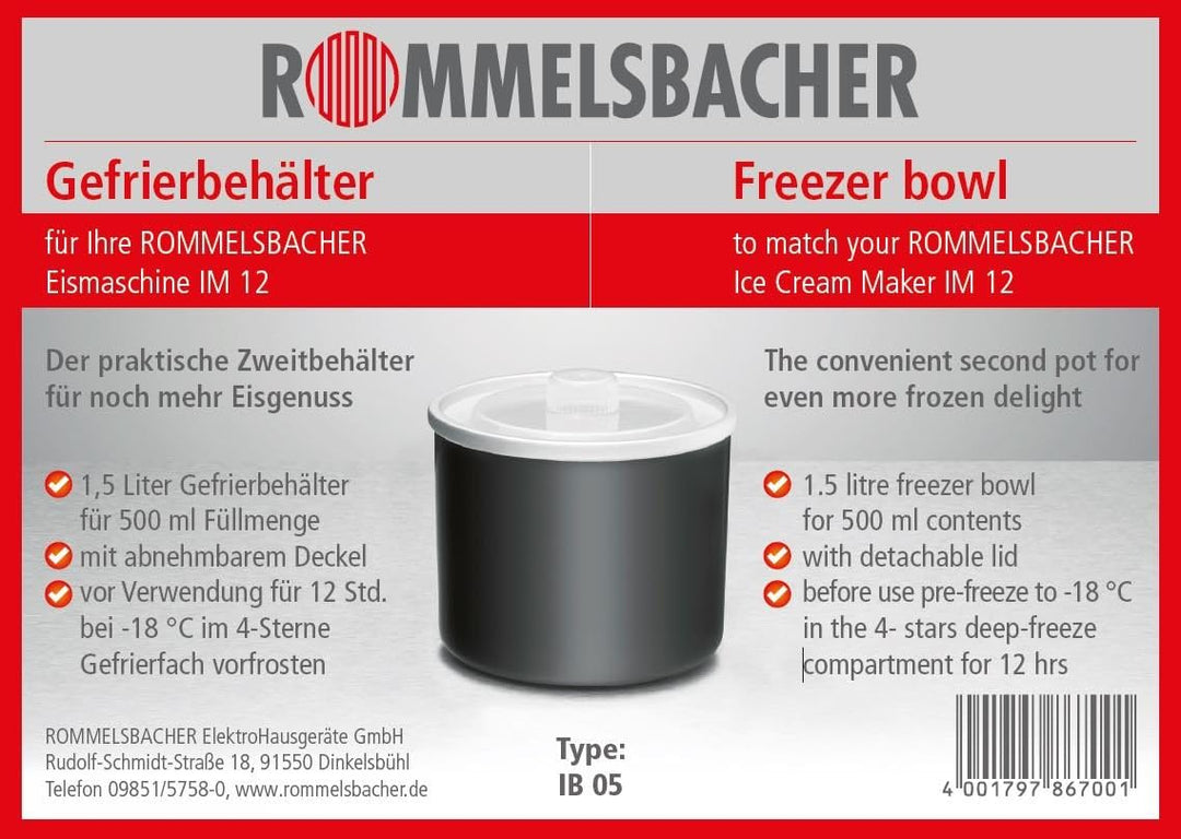 ROMMELSBACHER IB 05 Gefrierbehälter für IM 12 Eismaschine Kurt / praktischer Zweitbehälter mit abneh