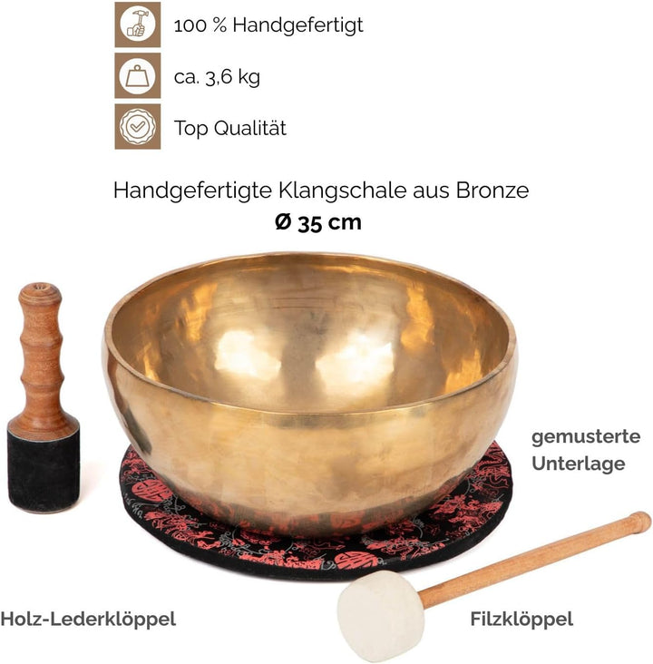 Bodhi Tibetische Klangschale Ø 35 cm | Handgefertigtes Klangschalen Set inkl. Kissen & Klöppel | Sin