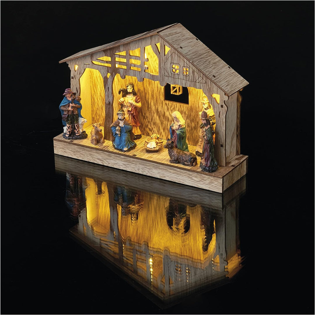 EMOS Weihnachtskrippe mit handbemalten Figuren, Weihnachtsdekoration mit 5 LEDs, warmweisses Licht,
