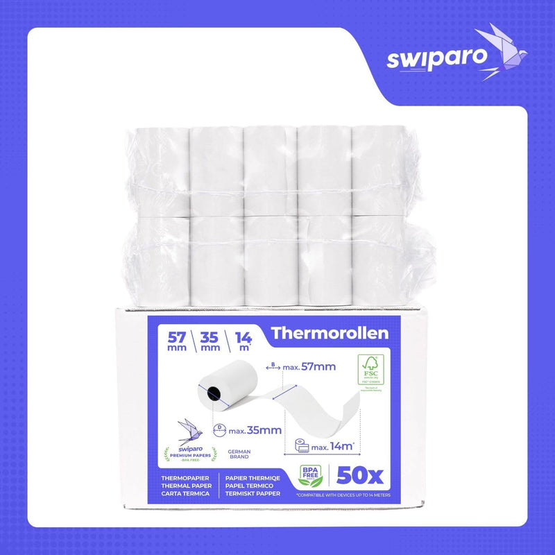 SWIPARO - Ec-Cash Thermorollen 57mm x 14m x 12mm - Kassenrollen -Thermopapier - Bonrollen für Bankom