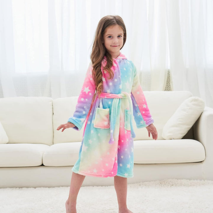 Ceruwum Einhorn Bademantel für Mädchen Weich Fleece Morgenmäntel mit Kapuze 3-4 Jahre Rosa/Blau, 3-4