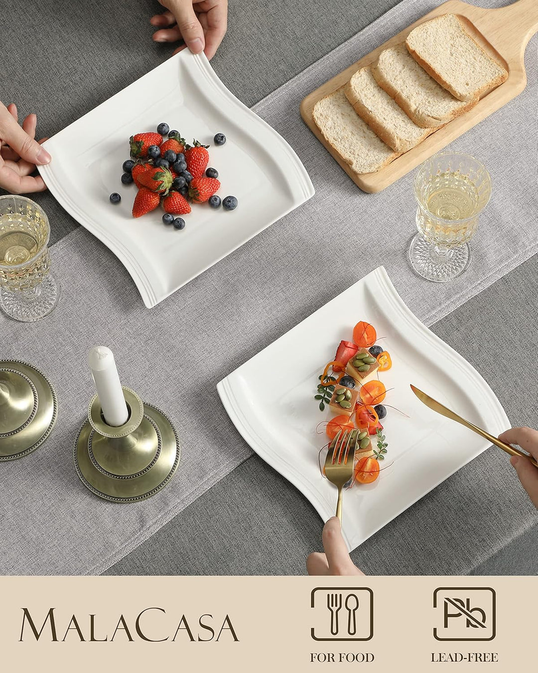 MALACASA, Serie Flora, 6 teilig Set CremeWeiss Porzellan Flachteller Speiseteller Essteller 10,25 Zo