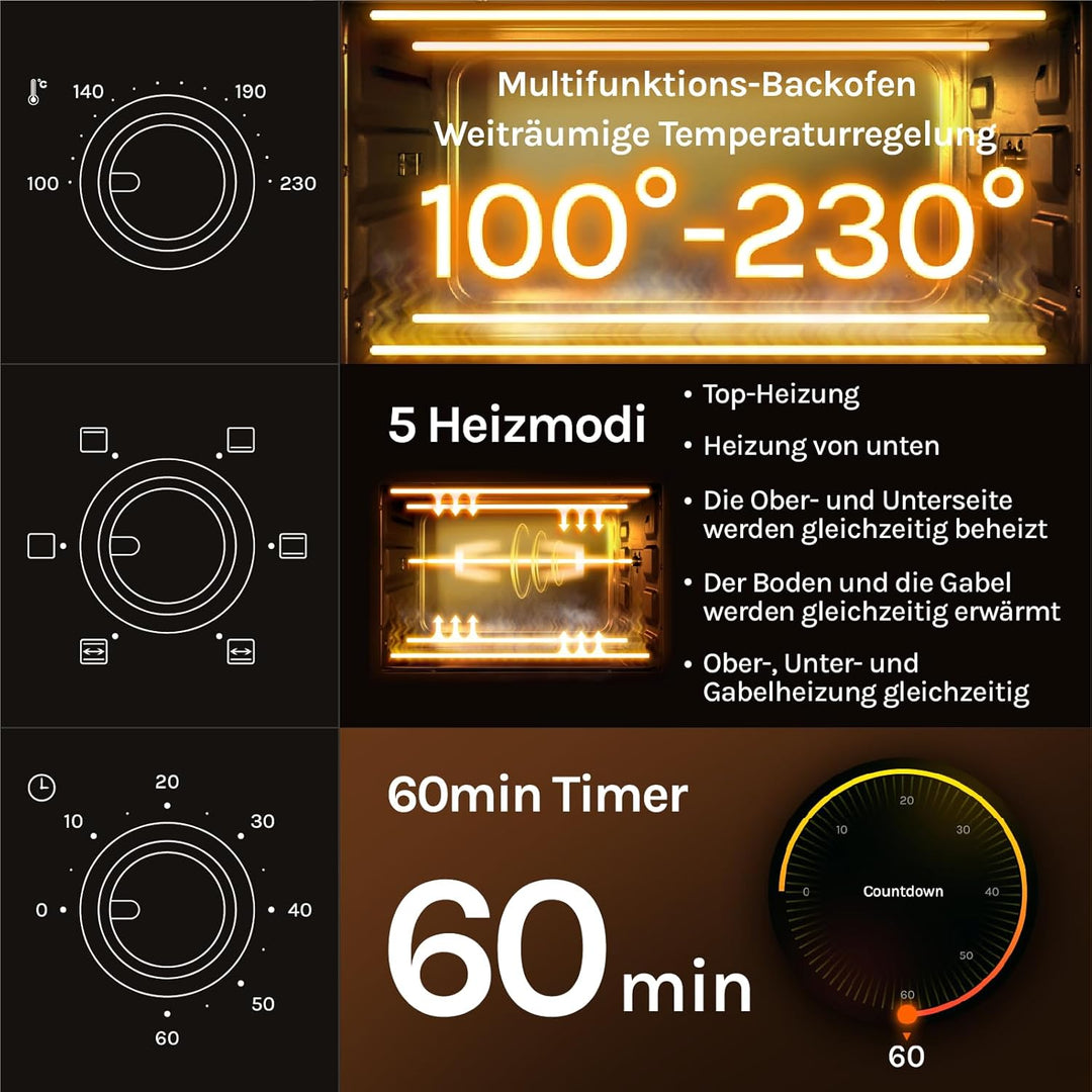 WOLTU Mini Backofen 32 Liter, 1600 Watt Toasterofen | Pizzaofen | Herausnehmbares Krümelblech mit Ti