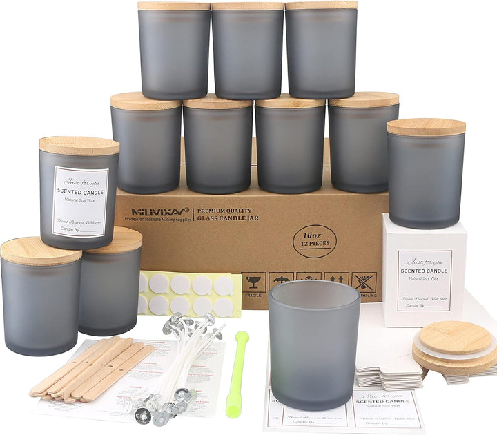 MILIVIXAY 12 Stück 284 ml Milchglas-Kerzengläser mit Deckel und Kerzenherstellungs-Kits – leere Kerz