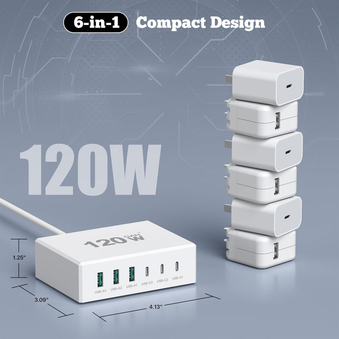 USB C Ladegerät 120W GaN，USB Ladegerät Mehrfach 【3USB-C + 3USB-A】 PD Ladestation 6 Port USB C Ladest