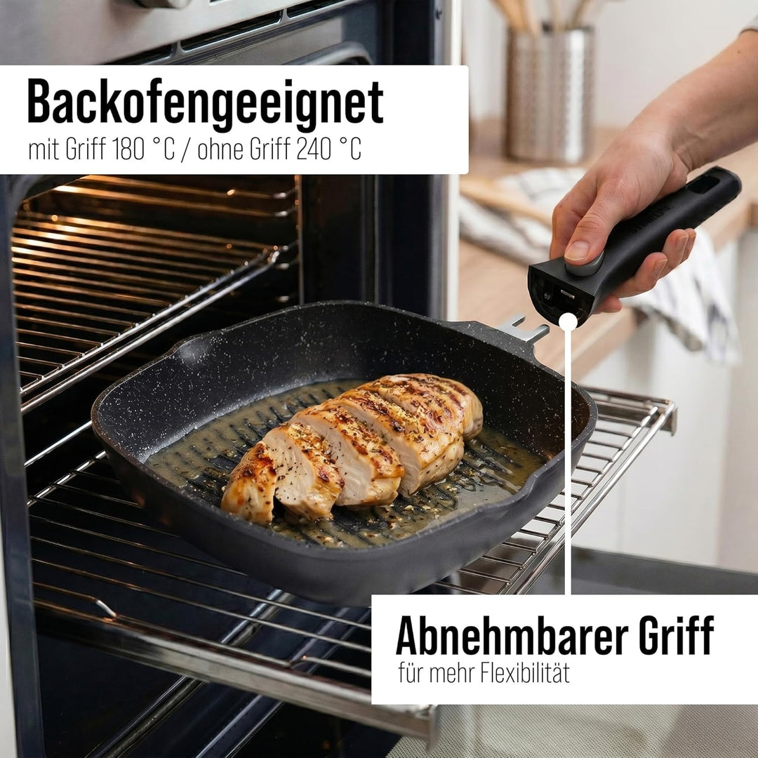 STONELINE SMART Grillpfanne 28 cm, Grosse Steak Pfanne Aluguss, Abnehmbarem Griff, Pfanne Induktion,