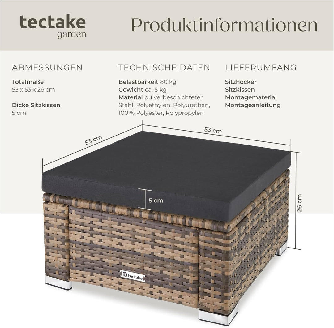 tectake® witterungsbeständiger Outdoor Rattan Hocker mit abnehmbarem Kissen, Lounge Hocker, Balkon M