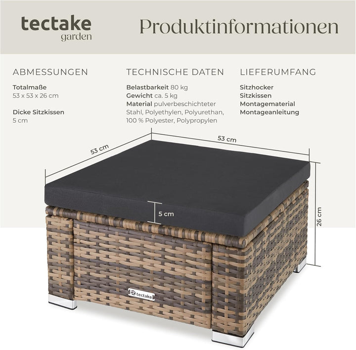 tectake® witterungsbeständiger Outdoor Rattan Hocker mit abnehmbarem Kissen, Lounge Hocker, Balkon M