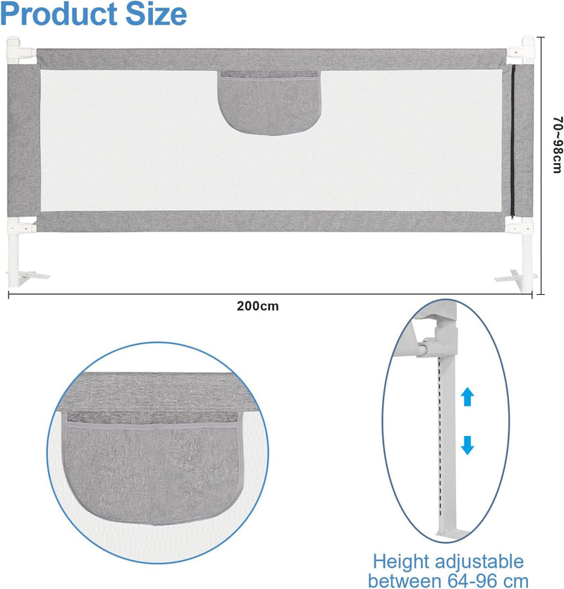 Ikodm Bettgitter Rausfallschutz 200cm Bettschutzgitter Kinderbettgitter, Kinderbettschutzgitter für