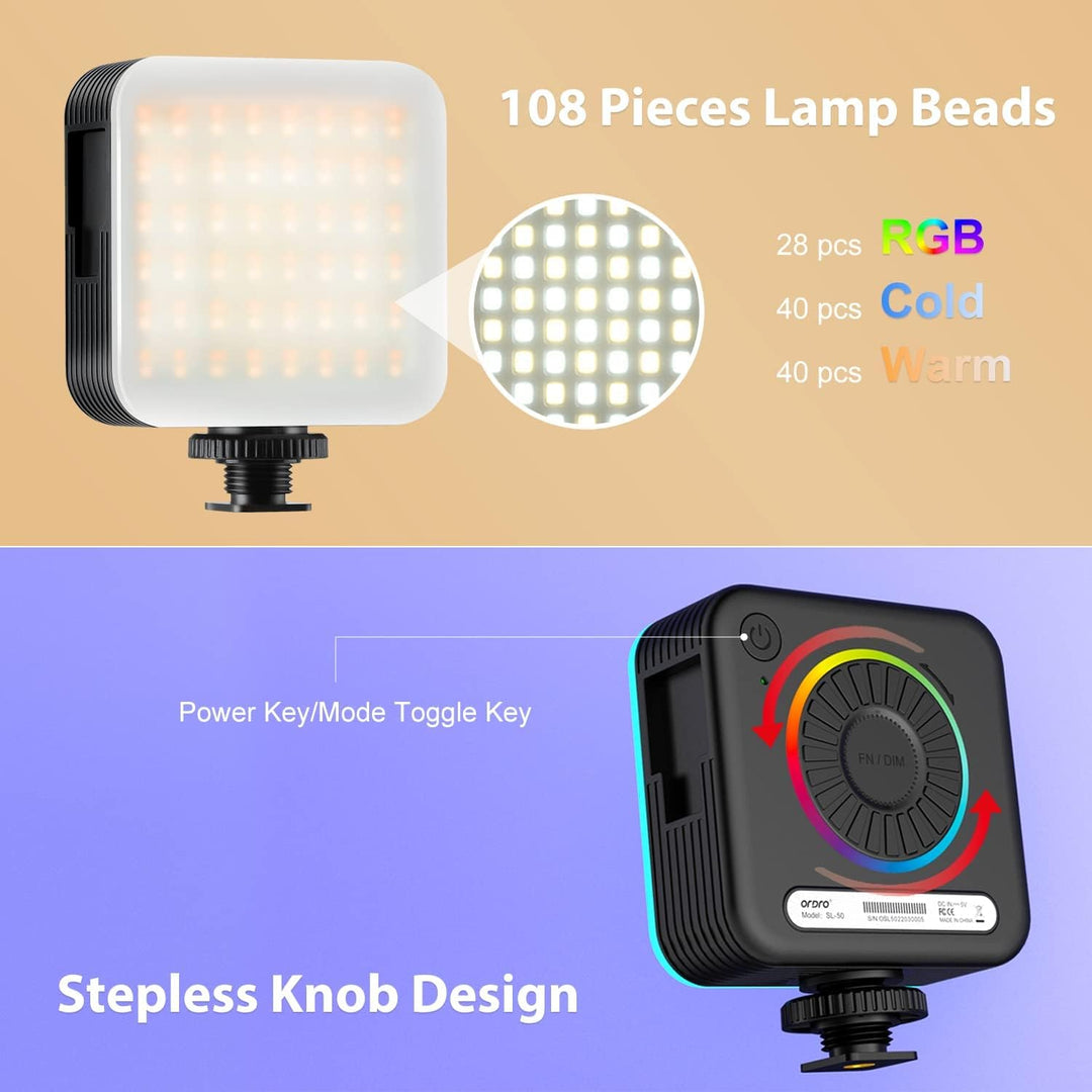 ORDRO SL-50 RGB LED Videoleuchte, Mini LED Kameraleuchte mit 108 LEDs, 3 Kaltschuhhalterungen, Wiede