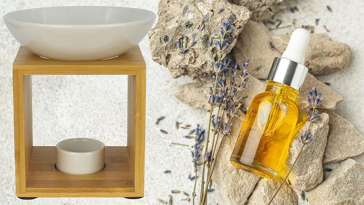 Bitto Duftlampe Malmö Weiss mit Kerze, grosse Schale, Fair Trade, Aromalampe aus Bambusholz und Kera