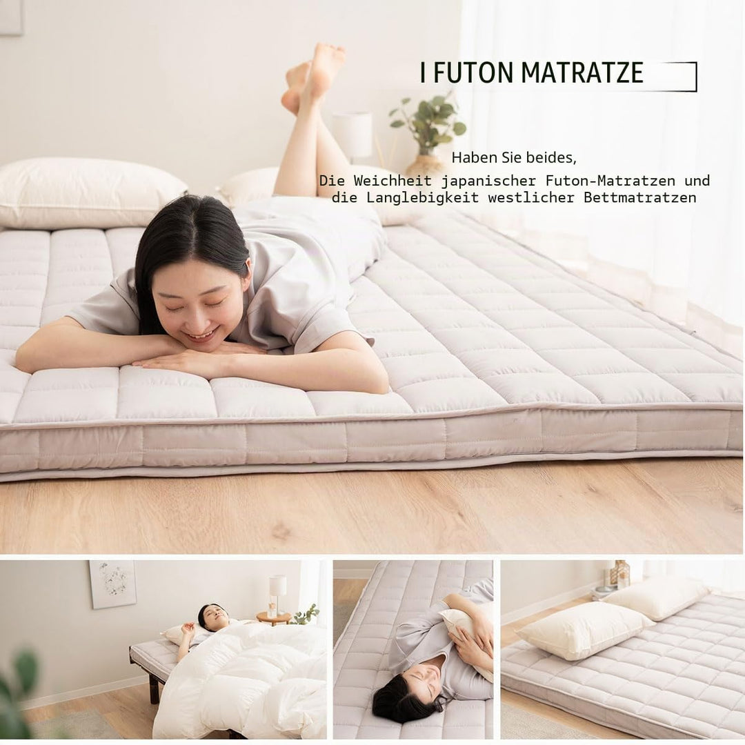 EMOOR Japanische Gepolsterte Futon-Matratze Machi 160 x 202 cm Grau, Zwickel Faltbar Verstaubar Elas