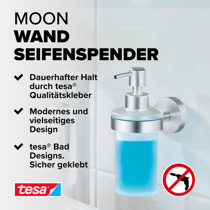 tesa Moon Seifenspender-Set, satiniertes Glas und verchromter Edelstahl - Flüssigseifenspender zur W