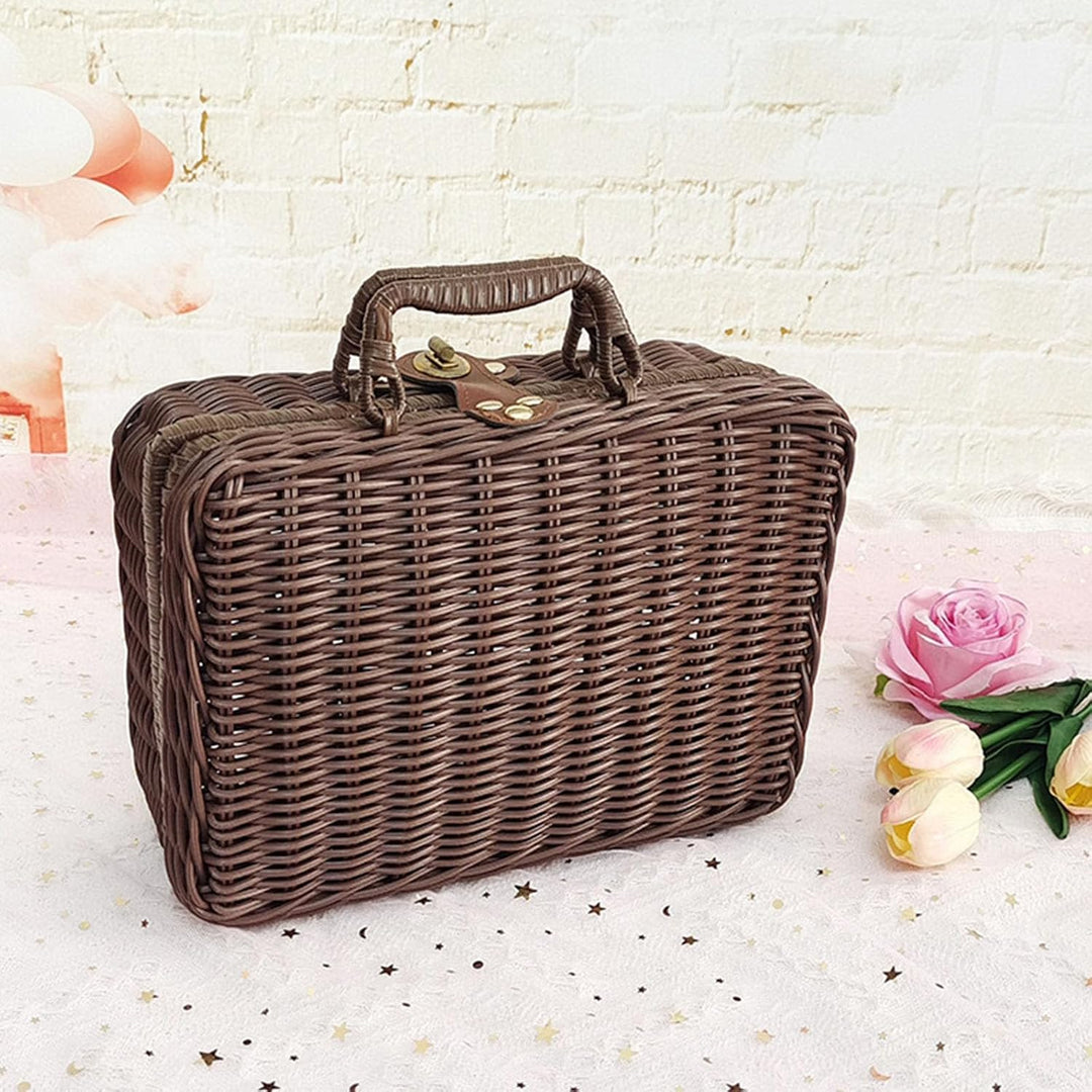Geflochtener Rattan-Koffer Aufbewahrungskorb mit Griff, Gewebte Picknickbox, Handgewebt, mit Metalls
