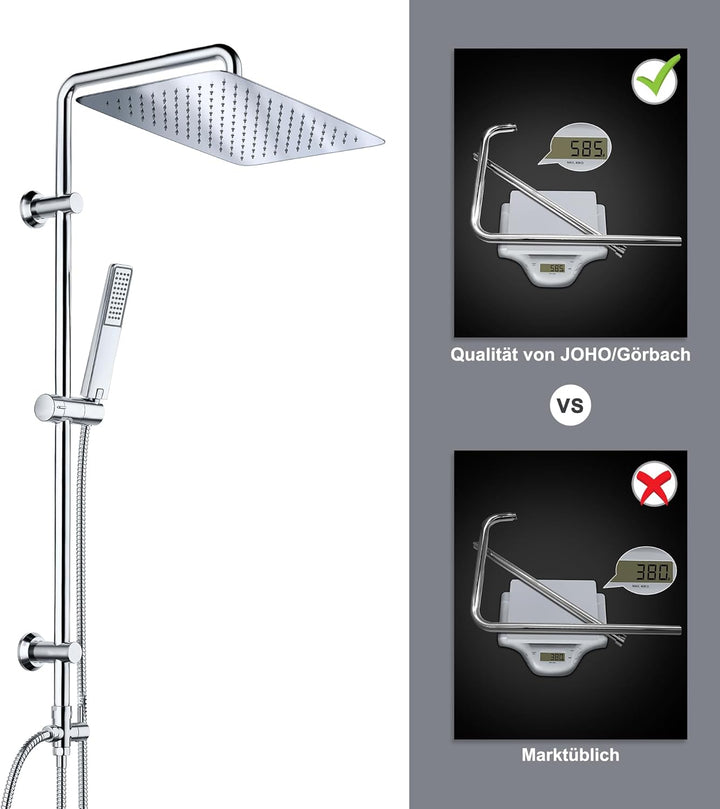 Görbach Edelstahl Duschsystem ohne Armatur, Regendusche Duschset mit Duschstange und Kopfbrause rech