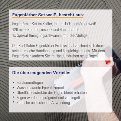 Karl Dahm – Fugenfärber-Set Weiss im Koffer I Fugenreparatur-Set mit Fugenfärber 120 ml (Fugenfarbe