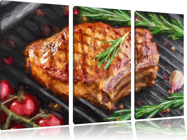 Pixxprint Steak mit Rosmarien garniert als Leinwandbild/Grösse: 3 Teilig (120x80) cm/Wandbild/Kunstd