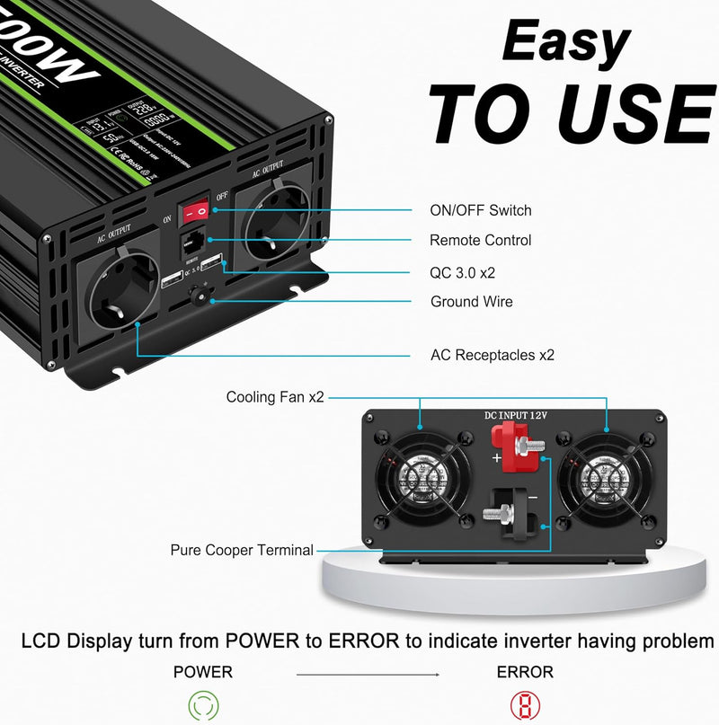 NOVOPAL 1500W Wechselrichter 12V auf 230V Reiner Sinus Spannungswandler mit LCD Display Fehlercodes