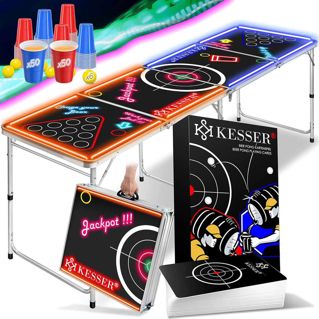 KESSER® Bier Pong Tisch Set mit Kartenspiel Trinkspiel LED-Action inkl. 100 Becher (50 Rot & 50 Blau