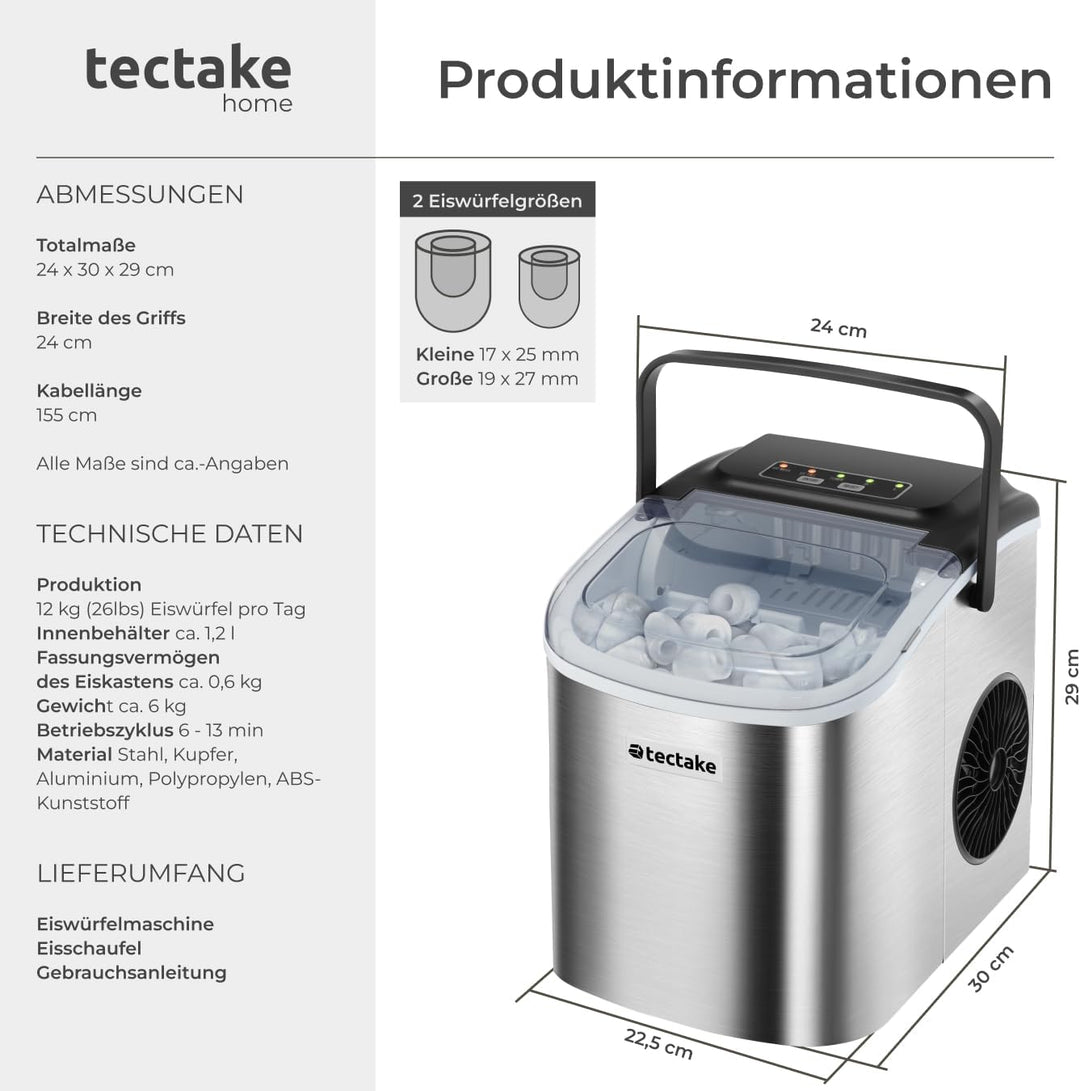 tectake® Eiswürfelmaschine, Ice Maker, 2,1l Volumen, Eiswürfelbereiter, Maschine bereitet 9 Würfel i