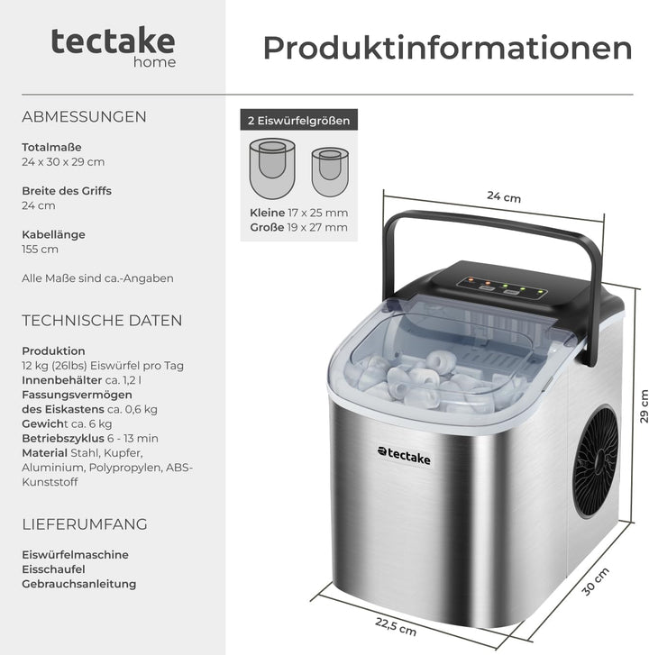 tectake® Eiswürfelmaschine, Ice Maker, 2,1l Volumen, Eiswürfelbereiter, Maschine bereitet 9 Würfel i