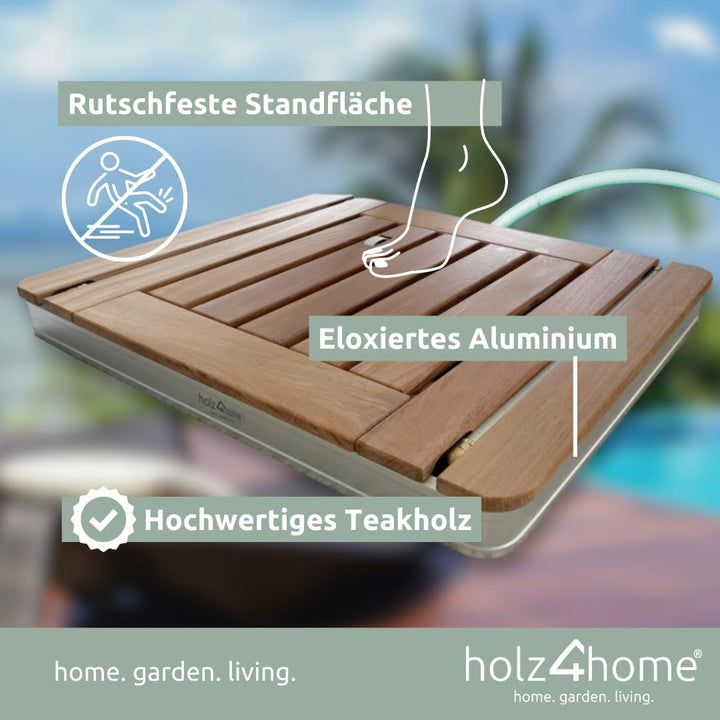 holz4home® Bodendusche als Gartendusche oder Pooldusche I Eckig aus Teakholz und Aluminium I Höhenve