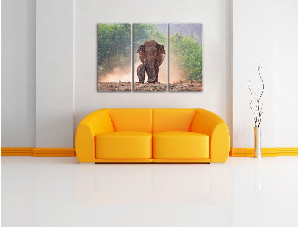 Pixxprint Elefanten Baby Mama als Leinwandbild/Grösse: 3 Teilig (120x80 cm) cm/Wandbild/Kunstdruck/f