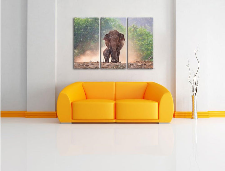 Pixxprint Elefanten Baby Mama als Leinwandbild/Grösse: 3 Teilig (120x80 cm) cm/Wandbild/Kunstdruck/f