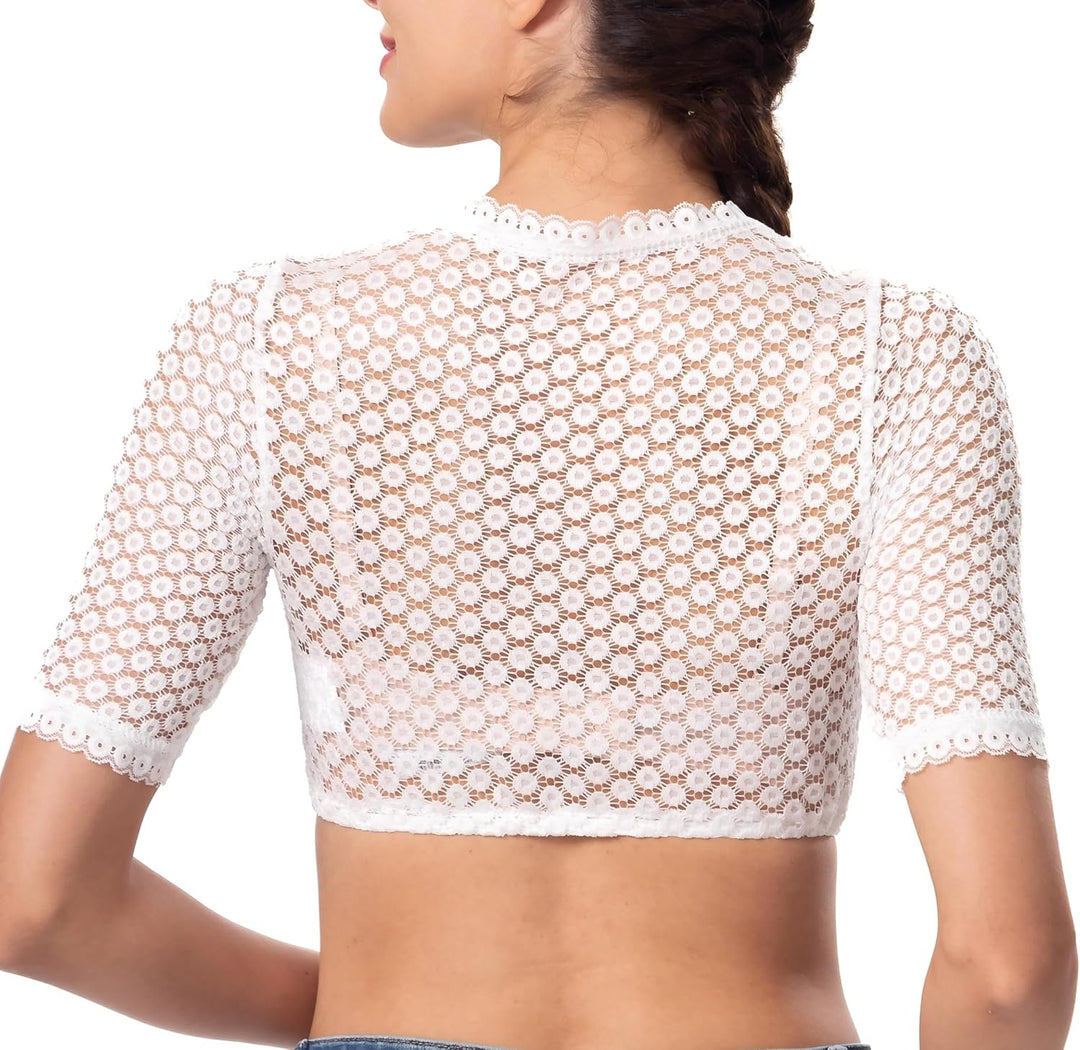 Dirndlwelle Oktoberfest Damen Dirndlbluse Kurzarm Rundhals Spitzebluse Weiss Schön Kurzarm Trachtenb