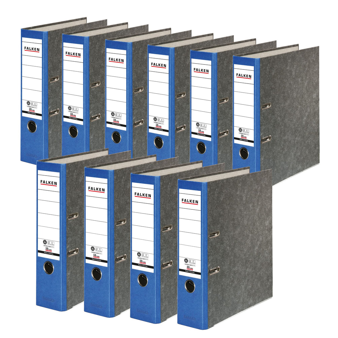 Original Falken 10er Pack Recycling-Ordner Wolkenmarmor. Made in Germany. 8 cm breit DIN A4 blauer R