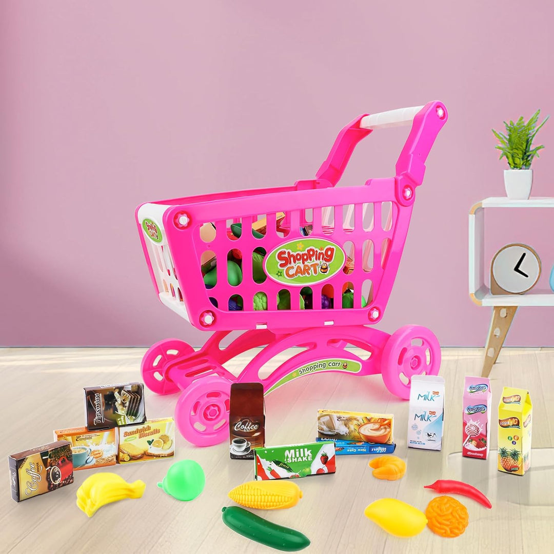 deAO Kinder Einkaufswagen Spielset, Gefüllt mit mehr als 50 Kunststoff Lebensmitteln Spielzeug für J