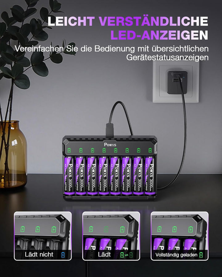 POWXS 1.5V Lithium Akku AA 8-Pack 2000 Zyklen & Stahlgehäuse, 3000mWh,mit USB Schnelladegerät, Kompa